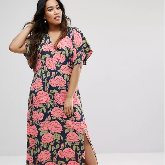 ASOS Curve Dresses & Skirts - Womens Asos Navy Floral Pink Kimono Dress US Size 18